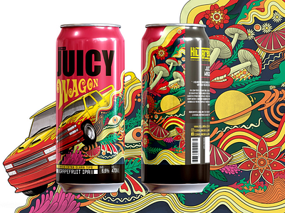 Juicy Wagon cans! 60s 70s beer grapefruit illustration mushroom package packaging