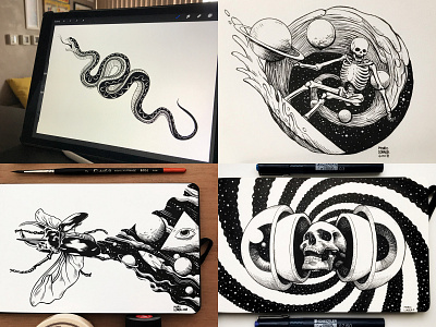 My #Top4Shots of 2018 astronaut brush drawing illustration ink skull snake space surf top4shots