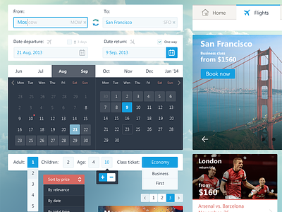 Ui Kit for Airline booking calendar flat form interface map slider travel ui ui kit weather web