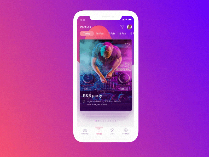 App for Booking tables animation app booking club dance event mobile night party ui ux