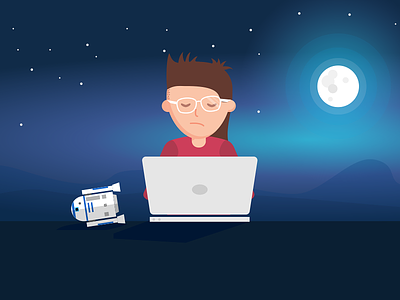 Developer working late developer laptop late moon night robot working