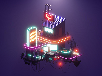 Soori Cyberpunk Dribbble 3d artist 3d illustration b3d blender cyberpunk egypt isometric isometric illustration low poly lowpoly neon night shawarma vibrant