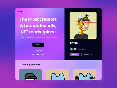 CreatorFi - NFT Marketplace Website 3d branding bright clean crypto cryptocurrency dark design gradient graphic design illustration logo marketplace minimal motion graphics nft platform ui ux white