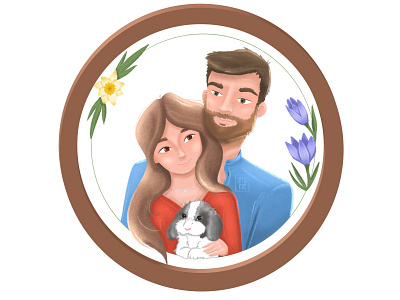 Portrait of a couple in love with a rabbit animal branding bunny charactersdesign childrensbookillustrator cute design face flower graphic design illustration illustrator logo love lovers peolpe relationship ui