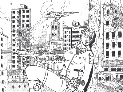 Cyber City in Chaos arte city ruins cyberpunk free hand drawing illustration woman