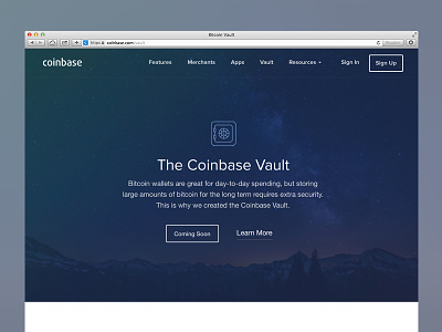 Coinbase Vault bitcoin coinbase feature landing night safe secure vault web website