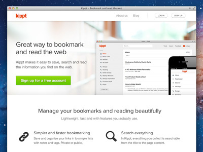 Kippt Website app bookmarking features landing page mobile screenshot sign up website