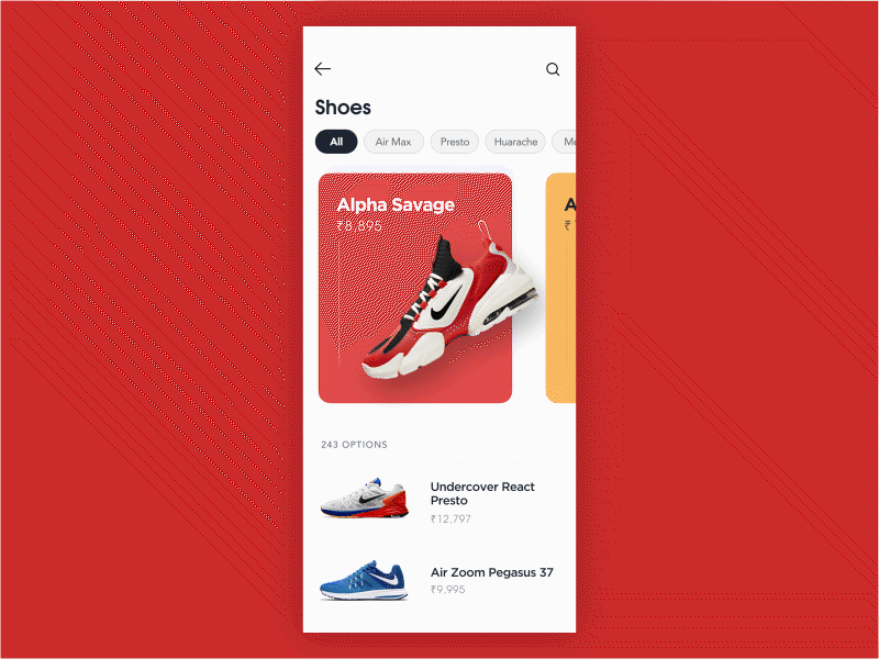 Nike Shoes app UI with motion design 3d animation graphic design motion graphics