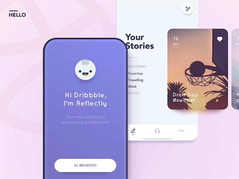Reflectly x Dribbble 2d ai android animated animation app card cards debut gradient ios journal reflectly robot uidesign