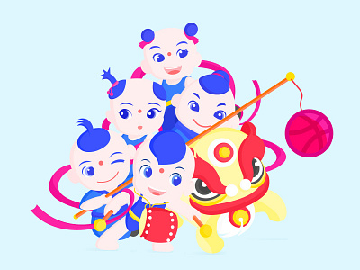 Happy Chinese Dolls children dribbble illustration