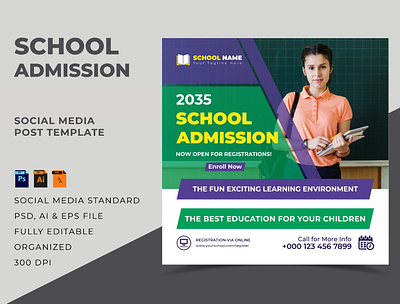 School Admission Social Media Post Template Design admission admit now back to school design open school school school admission school banner social media banner social media post template web banner