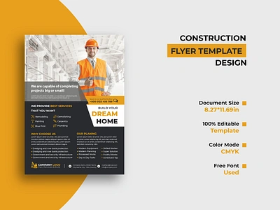 Construction Company Site Flyer Template Design advertisement advertising black builder business company construction corporate design flyer leaflet marketing orange poster real estate site template white