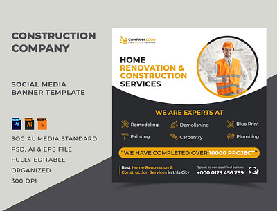 Construction Company Social Media Post Template Design banner builder colorful company construction design media modern post professional real estate site social template unique web