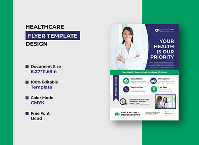 Medical, Healthcare or Clinic Flyer Template Design a4 awesome beautiful clinic colorful creative design flyer healthcare hospital leaflet marketing medical modern poster professional size smart standard template