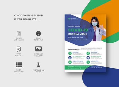 Covid-19 Protection Flyer Template Design 19 clinic colorful covid covid 19 covid 19 design flyer green healthcare hospital medical modern protection smart standard template vaccination