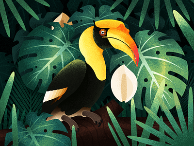 The Hornbill In The Jungle bird bushes flower forest hornbill illustration ios11 iphone x jungle sun sunrise