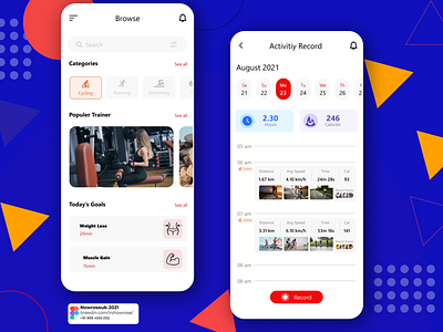 Workout or Fitness Tracker App activity app branding calendar cards clean app coach design fitness gym illustration interface ios personal trainer running ui ux weight workout yoga