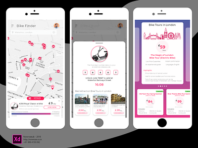 Electric Bike Rent & Sharing App adobe xd app bike branding clean app cycle ebike navigation rental sharing tour