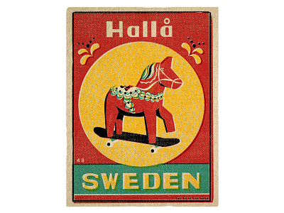 Hallå Sweden! dalecarlian horse illustration matchbook offset skateboard sweden vintage