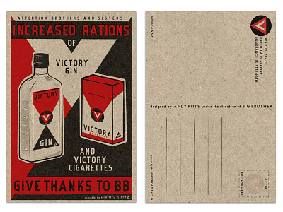 VICTORY POSTACER Gin And Cigs 1984 big brother cigarettes gin illustration postcard propaganda victory vintage