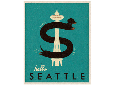 Hello Seattle! dachshund dog flying hello illustration puppy s seattle space needle travel vintage wiener dog