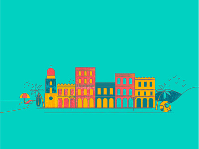 Landscape birds bold church city colours design illustration illustrations landscaspe palm sea taxi umbrella