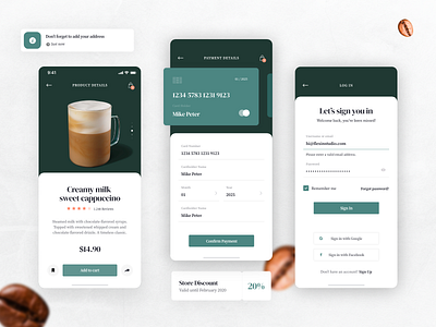 Coffee Delivery App - Product, Sign in, Cart coffee coffee bean coffee shop mobile mobile app mobile design mobile ui payment product page sign in ui kit