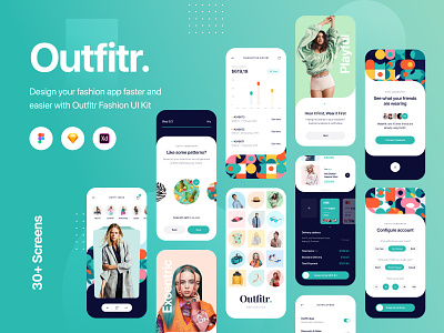 Outfitr - Fashion UI Kit - Sketch, Figma, XD adobe xd app app design apparel application clean clothing colors creative fashion figma mobile outfit outfits register shopping sketch store ui ux