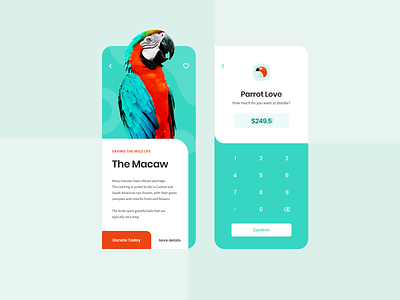 Donation App for Animals in Rainforests animal app article calculator clean creative creative design design donation donations green image jungle layout mobile mobile app mobile ui parrot ui ux