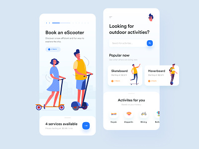 Outdoorzy App - Activities idea generator activities clean colors concept fun hoverboard icon illustrations layout listing mobile ui outdoor playful popular scooter skate story swipe ui young