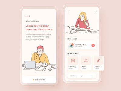 Illustration learning mobile app - Pencly dashboard elearning girl home illustration learning learning app lesson listing man mobile mobile app mobile ui onboarding red sketch startup ui yellow