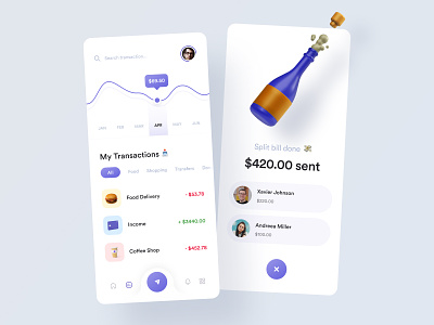 3D Mobile Finance Transactions 3d 3d icons champagne chart creative earning emoji figma finance app graphic minimalist mobile money simple split split bill transaction history transactions ui white