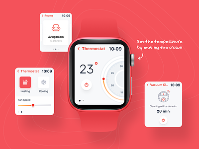 Smart Home - Apple Watch App apple watch clean crown interaction mobile mobile ui modern product design red smart home smart home app smart watch smarthome thermostat ui ux watch watch app