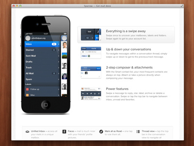 Sparrow for iPhone website animation app clean css3 iphone