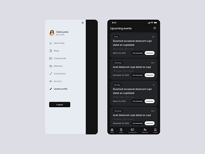 UI design for an event app for models dark design event model ui