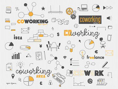 Business doodles for cowork space app area branding business co concept cowork coworking design doodle doodles doodling flat illustration logo open space web work working yellow