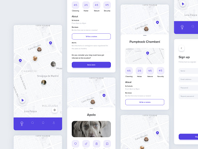 My Doggy Neighbor - Mobile app concept aesthetic app cards clean concept design dog location map minimal pet purple ui