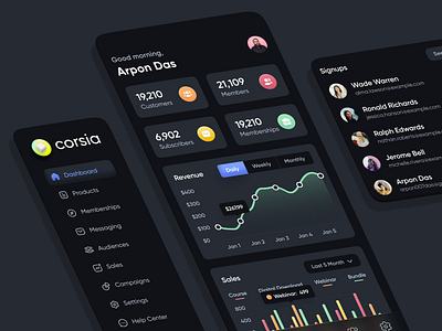 Corsia - App Design Exploration app branding chart design clean course dark dark ui design edtech education interface logo minimal mobile app sidebar navigation subscription ui ux web web app