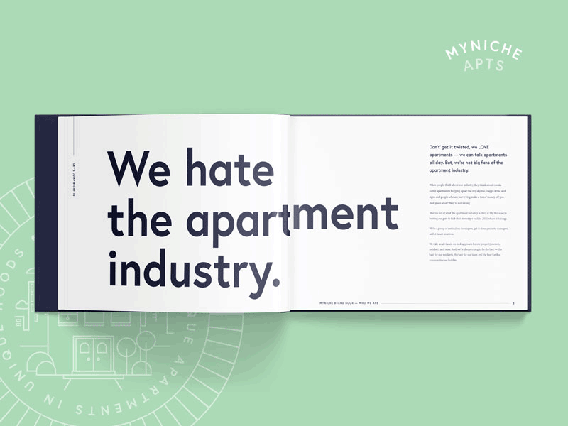 MyNiche Brand Book book design branding identity layout logo palette typography