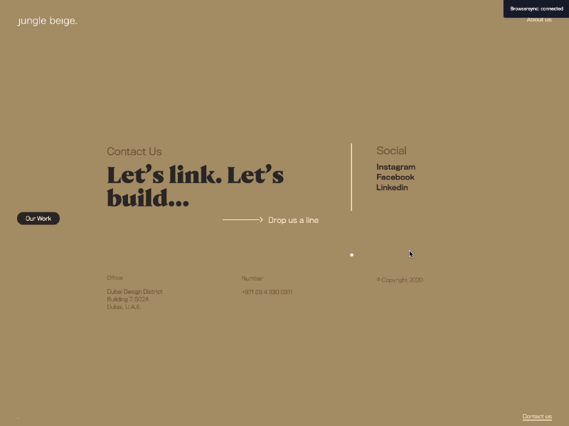 Jungle Beige 2020 — Contact agency animation contact editorial hover hover effect interaction interface javascript motion page portfolio transition typography ui website
