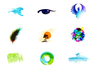 Vol 1 : Collection of Logos With Brush Effect almosh82 branding brusheffect colorful design eagle illustration lion logo logocollection natural nature organic paint pet quill scenic transparency watercolor