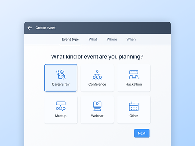 Event creation flow - Select event type b2b beamery careers conference creation crm event events flow hackathon meetup recruiting recruitment select software step by step type ui webinar