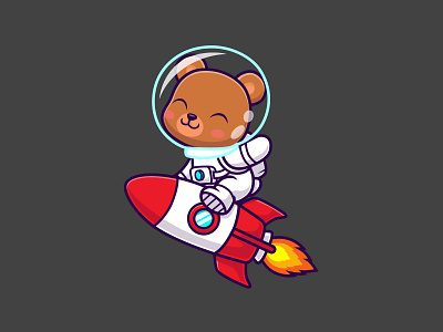 Cute bear astronaut riding rocket.