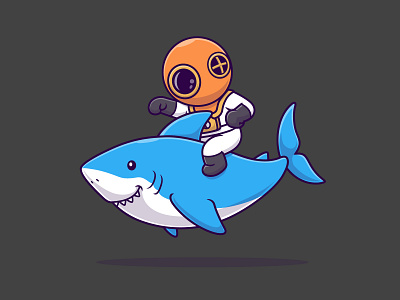 Cute diver riding a shark and waving hand cartoon.