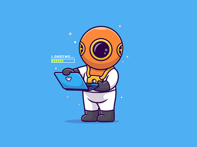 Cute diver operating laptop cartoon.