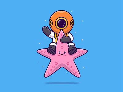 Cute diver riding a starfish and waving hand cartoon.