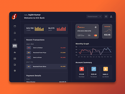 Dark mode UI Dashboard - Net Banking analytics black branding chart dark darkmode dashboard dashboard ui data design graph minimal new orange statistics trending ui ux