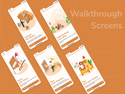 Walkthrough Screens app application book branding design graphic design illustration ios isometric logo minimal new onboarding orange screens trending ui ux vector walkthrough