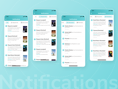 Notifications Screen app application blue bookapp books branding design dribble filters minimal mobile multiselect new notification reminders requests status trending ui ux