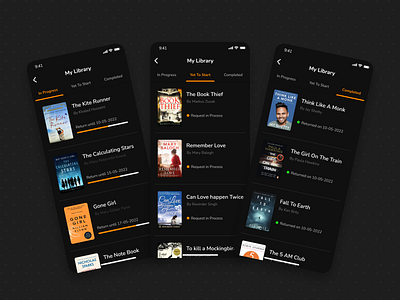 My Library - Books app application black book bookapp branding dark darkmode design interactiondesign minimal mobile mylibrary new screens status trending ui userinterface ux